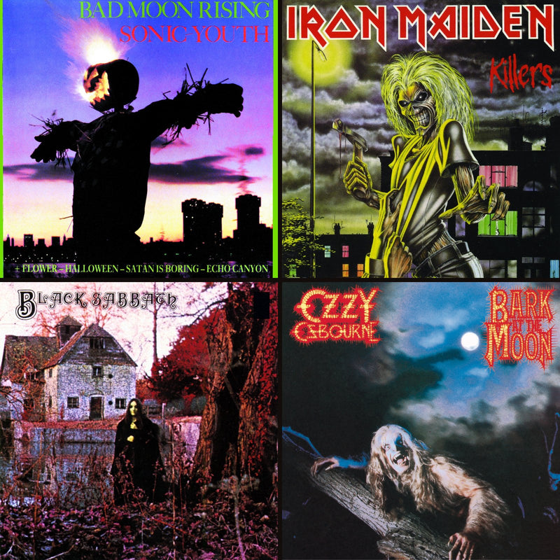 MosaĂŻque de quatre pochettes : Ă©pouvantail Ă tĂȘte de citrouille en feu, Eddie d'Iron Maiden et sa hache, silhouette en noir devant un moulin, Ozzy Osbourne en loup-garou sous la lune