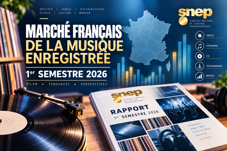 Illustration du marché français de la musique enregistrée au 1er semestre 2026 : vinyle, platine, rapport du SNEP, carte de France et graphiques de tendances.