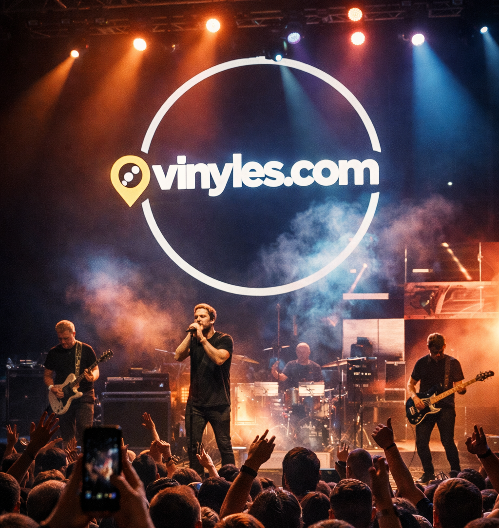 Concert rock en direct avec public et logo Vinyles.com projeté sur écran géant en arrière-plan.