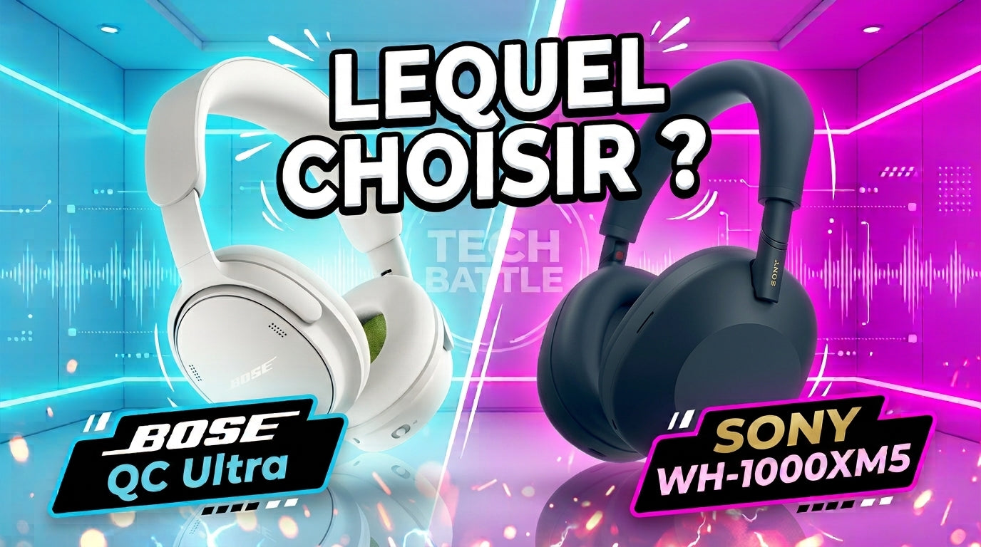 Visual comparatif entre le casque Bluetooth Bose QuietComfort Ultra blanc à gauche et le Sony WH-1000XM5 bleu nuit à droite, sur fond néon cyan et magenta avec l'inscription « LEQUEL CHOISIR ?