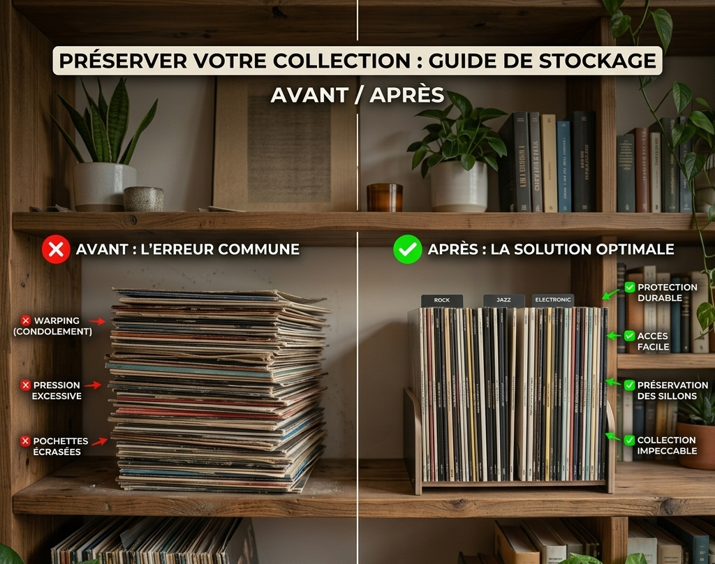 Infographie avant-après sur le rangement des vinyles : comparaison entre des disques empilés (erreur de stockage) et des vinyles rangés verticalement dans un meuble adapté.