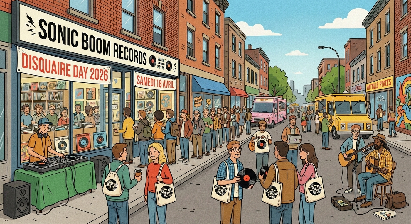 Célébration animée du Disquaire Day 2026 devant un disquaire