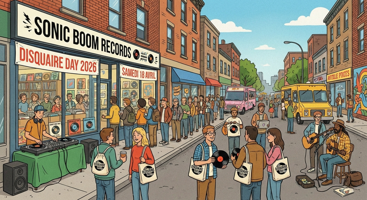Célébration animée du Disquaire Day 2026 devant un disquaire