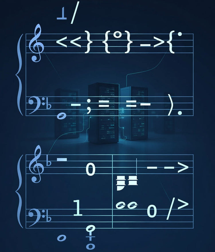 Illustration d’une partition classique remplacée par du code informatique, symbolisant la création musicale par IA dans un data center