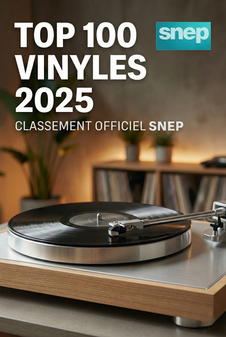 Platine vinyle haut de gamme illustrant le classement officiel "TOP 100 VINYLES 2025" du SNEP pour l'article de vinyles.com sur les meilleures ventes en France.
