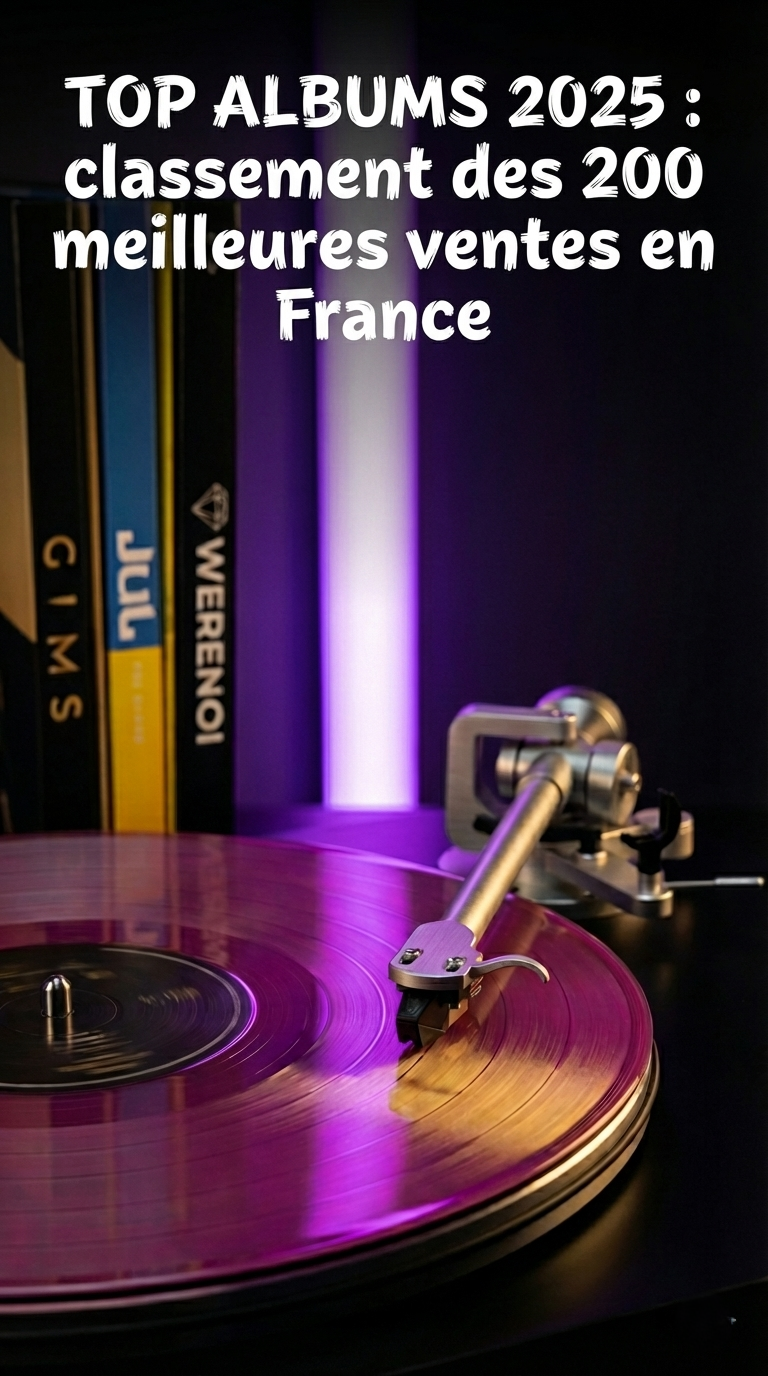 Platine vinyle moderne rétroéclairée en violet avec le titre Top Albums 2025 France, pochettes de GIMS, JUL et WERENOI en arrière-plan.
