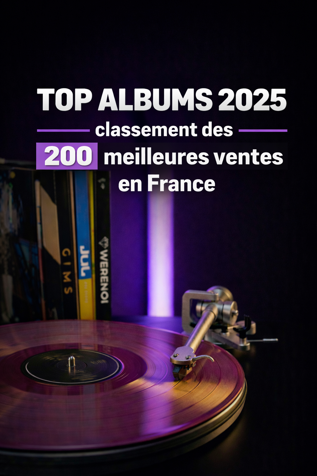 Gros plan sur une platine vinyle moderne avec reflets magenta et pochettes d'albums de GIMS, JUL et WERENOI pour le classement officiel Top Albums 2025 en France.