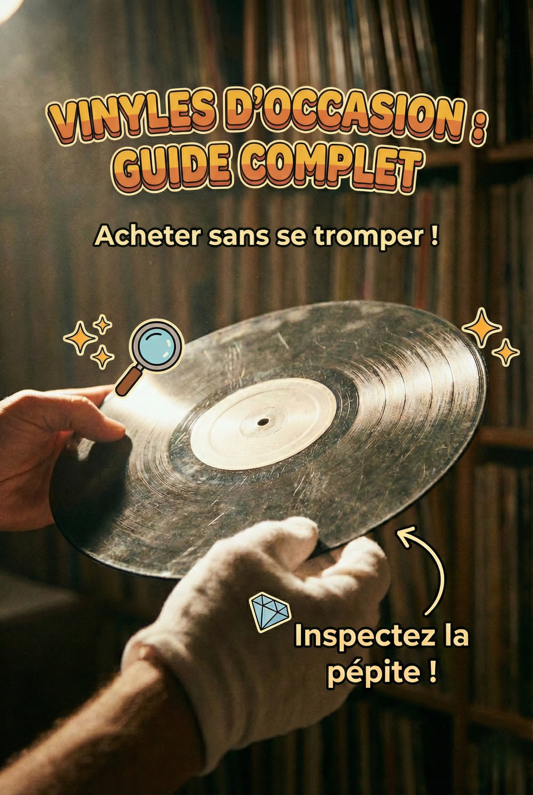 Illustration du guide d'achat vinyles d'occasion : inspection de l'état d'un disque sous la lumière avec des gants.