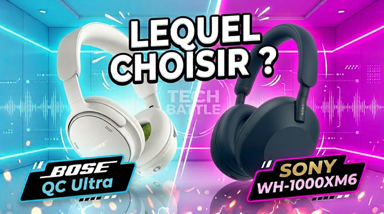 Casque Bose QC Ultra blanc face au casque Sony WH-1000XM6 noir sur fond bleu et rose