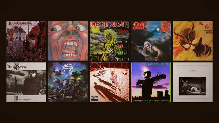 Mosaïque de pochettes d'albums effrayantes : Black Sabbath, King Crimson, Iron Maiden, Ozzy Osbourne, Korn, Joy Division