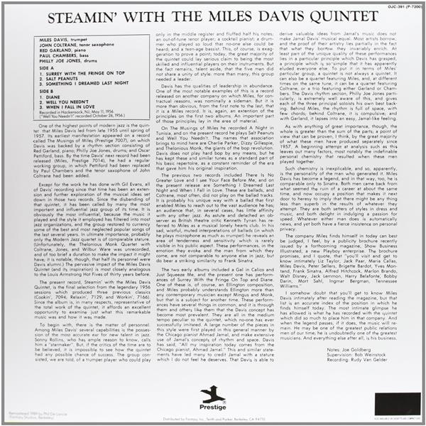 Steamin' With The Miles Davis Quintet - Front Cover