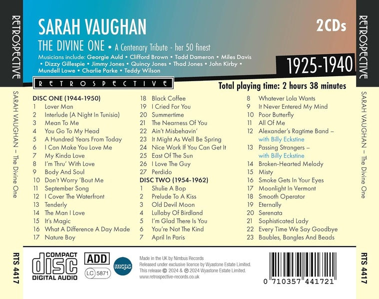 Sarah Vaughan : The Divine One - A Centenary Tribute - Front Cover