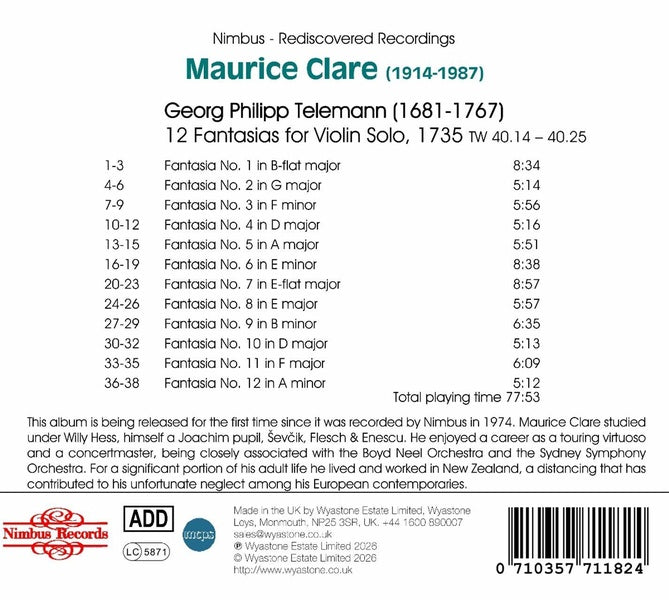 12 Fantasias for Violin Solo. Maurice Clare Rediscovered - Front Cover