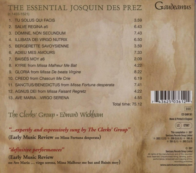 The Essential Josquin Des Prez - Front Cover
