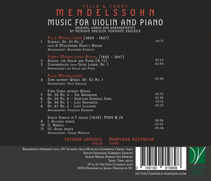 Felix & Fanny Mendelssohn : Musique pour Violon et Piano - Front Cover