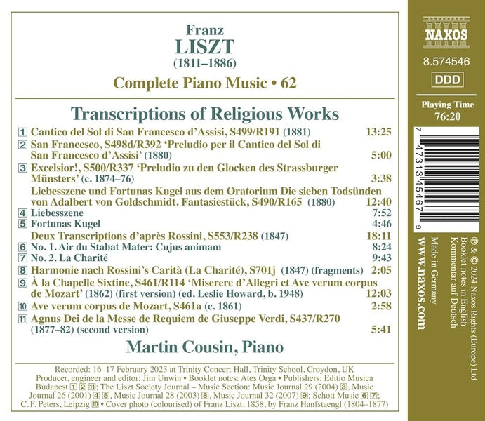 Complete Piano Music Volume 62 : Transcriptions Of Religious Works - Front Cover