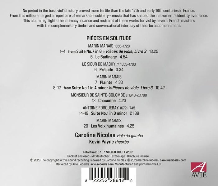 Pièces en solitude / Musique française baroque pour viole de gambe - Front Cover