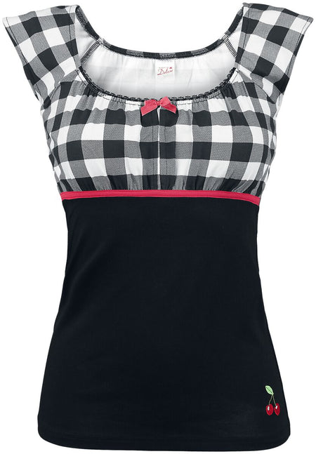 T-Shirt Manches courtes Rockabilly de Pussy Deluxe - T-shirt à carreaux Evie - XS à XL - pour Femme - noir/blanc - Pussy Deluxe