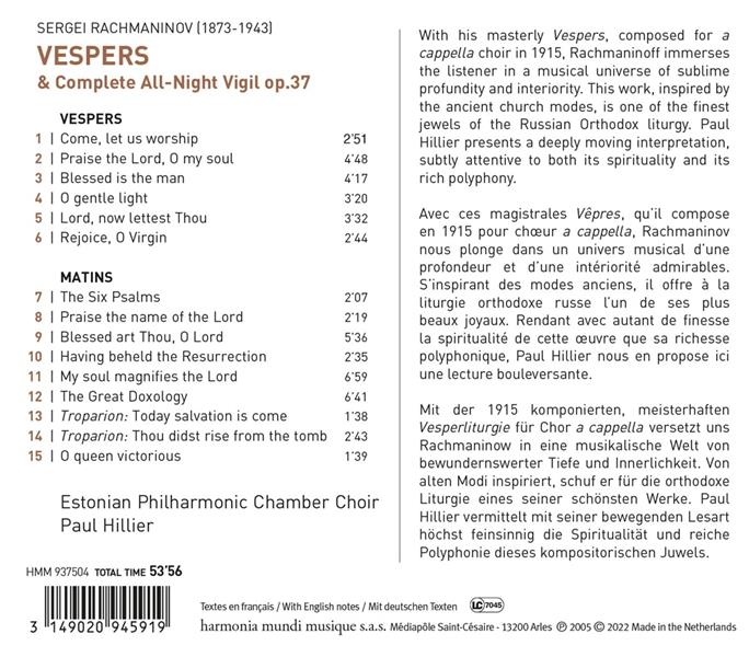 Rachmaninov : Vespers - Front Cover