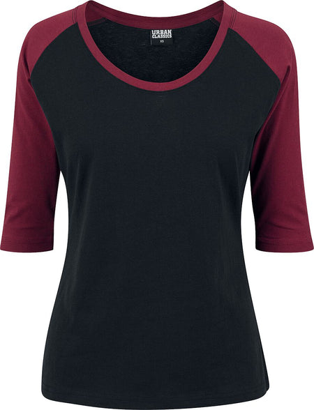 T-shirt manches longues  de Urban Classics - T-Shirt Manches 3/4 Raglan Femme - XS à S - pour Femme - noir/bourgogne - Urban Classics