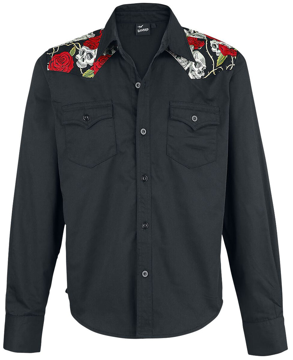 Chemise manches longues Rockabilly de Banned Alternative - Skull Rose - S à 5XL - pour Homme - noir - Banned Alternative