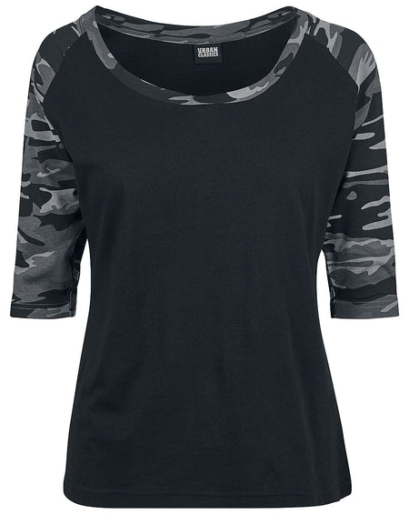 T-shirt manches longues  de Urban Classics - T-Shirt Manches 3/4 Raglan Femme - XS à 4XL - pour Femme - noir/camouflage sombre - Urban Classics