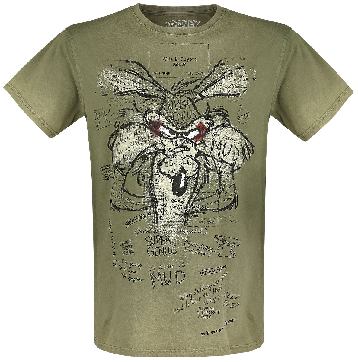 T-Shirt Manches courtes  de Looney Tunes - Vil Coyote - Inner Thoughts - S à 4XL - pour Homme - kaki - Looney Tunes