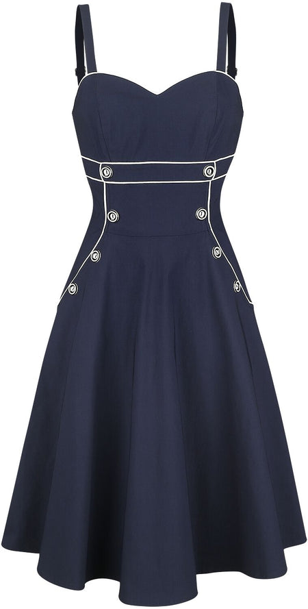 Robe mi-longue Rockabilly de Voodoo Vixen - Robe Évasée Claudia Nautical - S à XXL - pour Femme - marine - Voodoo Vixen