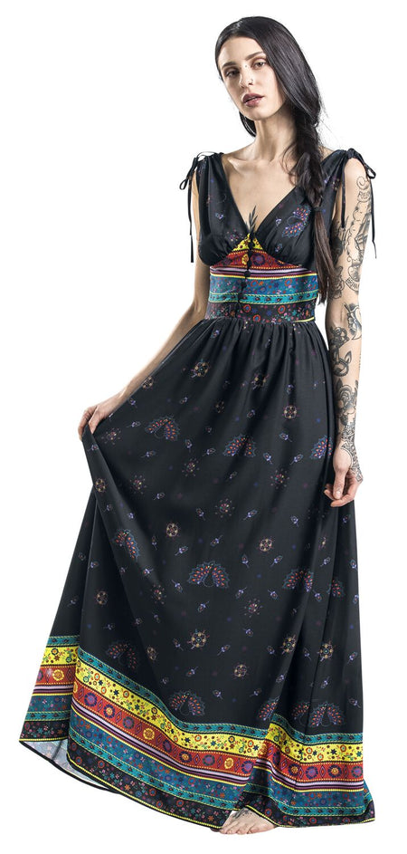 Robe longue Rockabilly de Voodoo Vixen - Robe Longue Megan Fiesta - L - pour Femme - noir - Voodoo Vixen