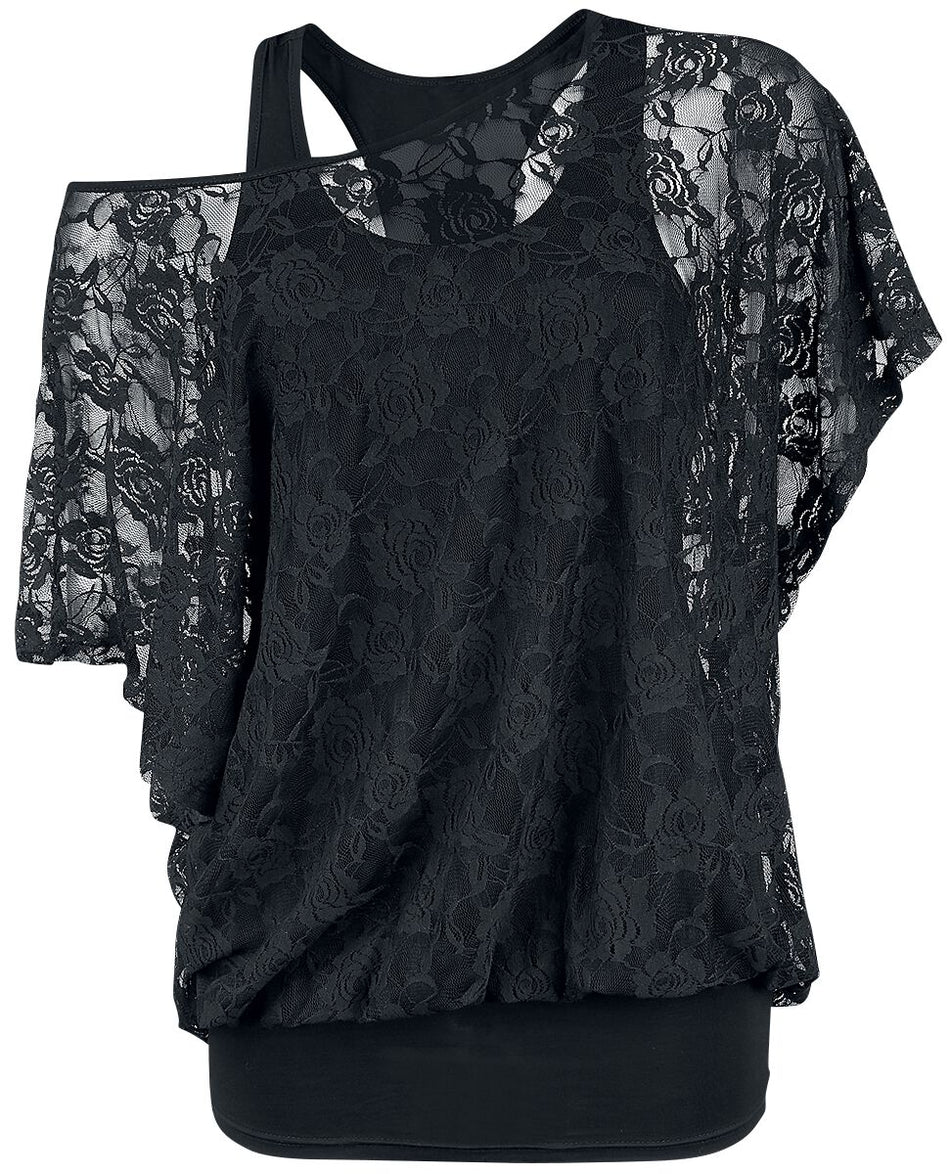 T-Shirt Manches courtes  de Gothicana by EMP - Haut 2-En-1 Dentelle - S à 3XL - pour Femme - noir - Gothicana by EMP