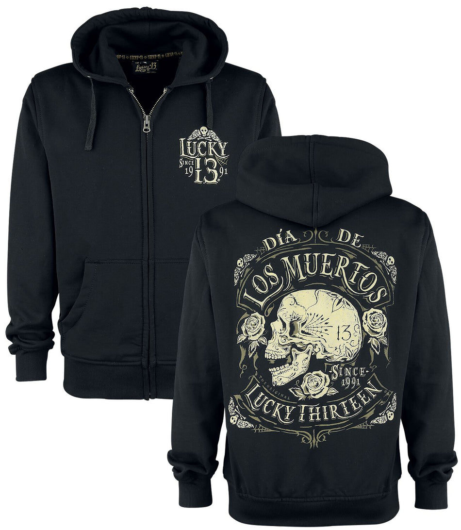 Sweat-shirt zippé à capuche Rockabilly de Lucky 13 - Dead Skull - S à XXL - pour Homme - noir - Lucky 13