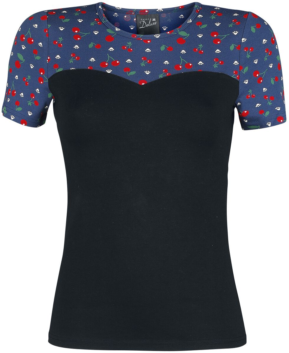 T-Shirt Manches courtes Rockabilly de Pussy Deluxe - T-Shirt Pattes De Chat & Cerises - XS à M - pour Femme - bleu/noir - Pussy Deluxe