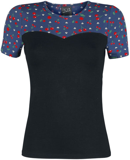 T-Shirt Manches courtes Rockabilly de Pussy Deluxe - T-Shirt Pattes De Chat & Cerises - XS à M - pour Femme - bleu/noir - Pussy Deluxe