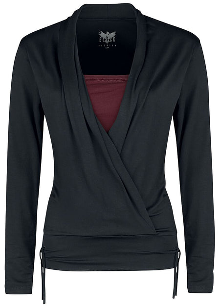 T-shirt manches longues  de Black Premium by EMP - Haut Manches Longes Look Cache-Cœur - S à XXL - pour Femme - noir/bordeaux - Black Premium by EMP