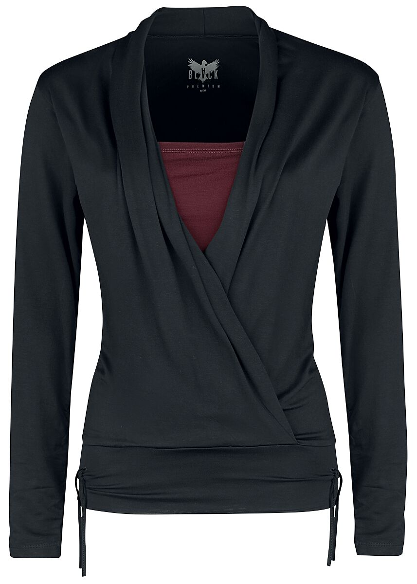 T-shirt manches longues  de Black Premium by EMP - Haut Manches Longes Look Cache-Cœur - S à XXL - pour Femme - noir/bordeaux - Black Premium by EMP
