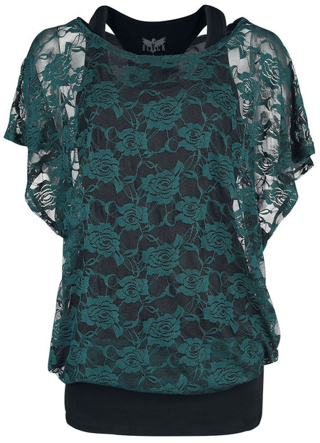 T-Shirt Manches courtes  de Black Premium by EMP - Haut Vert En Dentelle & Débardeur Noir - M à 5XL - pour Femme - noir/vert - Black Premium by EMP