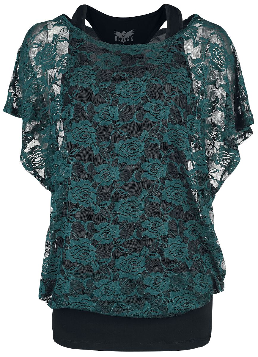 T-Shirt Manches courtes  de Black Premium by EMP - Haut Vert En Dentelle & Débardeur Noir - M à 5XL - pour Femme - noir/vert - Black Premium by EMP