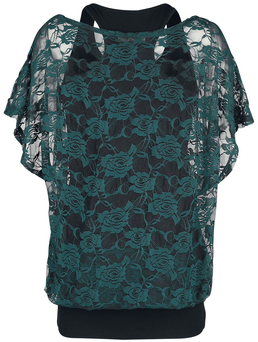 T-Shirt Manches courtes  de Black Premium by EMP - Haut Vert En Dentelle & Débardeur Noir - M à 5XL - pour Femme - noir/vert - Black Premium by EMP - View 2