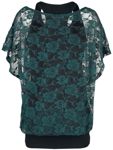 T-Shirt Manches courtes  de Black Premium by EMP - Haut Vert En Dentelle & Débardeur Noir - M à 5XL - pour Femme - noir/vert - Black Premium by EMP - View 2