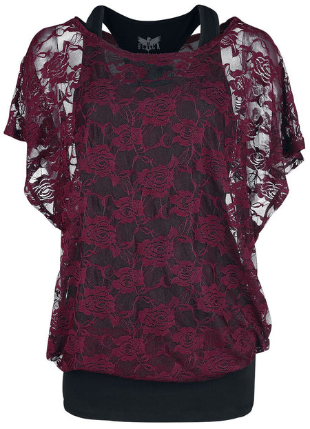 T-Shirt Manches courtes  de Black Premium by EMP - Haut Bordeaux En Dentelle & Débardeur Noir - M à 5XL - pour Femme - noir/bordeaux - Black Premium by EMP