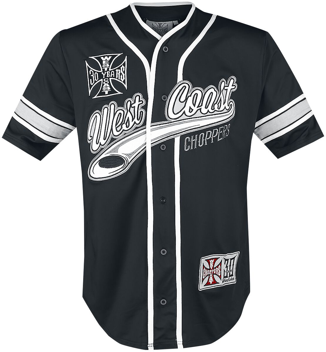 Chemise manches courtes Rockabilly de West Coast Choppers - 30ème anniversaire - Maillot de baseball en édition limitée - S à 4XL - pour Homme - noir/blanc - West Coast Choppers