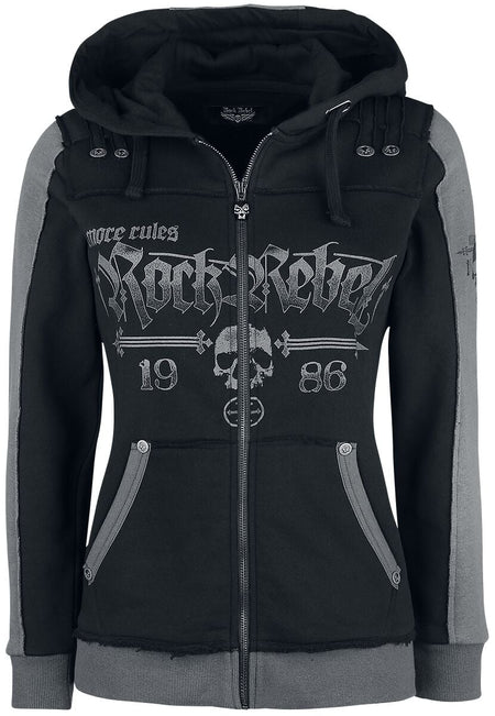 Sweat-shirt zippé à capuche  de Rock Rebel by EMP - Veste À Capuche Noire Imprimé Rock Rebel & Crânes - S à 5XL - pour Femme - noir - Rock Rebel by EMP