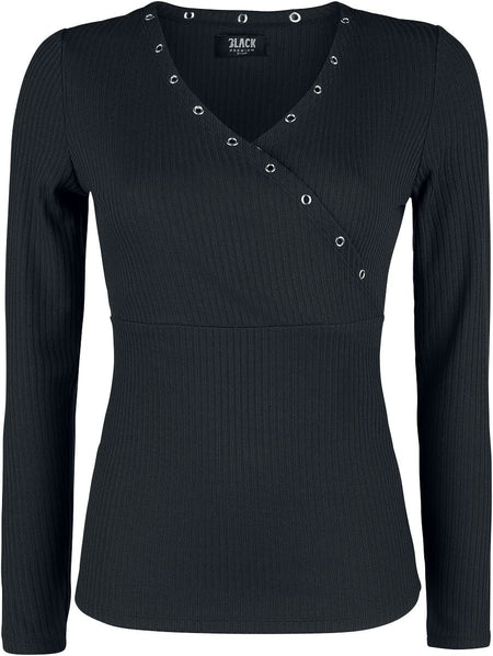 T-shirt manches longues  de Black Premium by EMP - Haut Manches Longues Noir Avec Œillets & Col En V - S à 5XL - pour Femme - noir - Black Premium by EMP