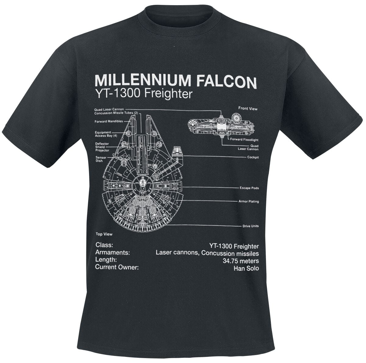 T-Shirt Manches courtes Disney de Star Wars - Millenium Falcon Sketch - S à 5XL - pour Homme - noir - Star Wars