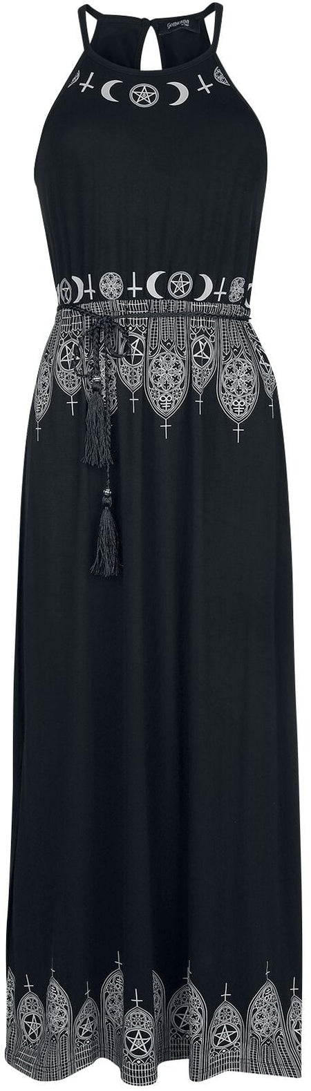 Robe longue Gothic de Gothicana by EMP - Robe Longue Noire Avec Imprimé & Ceinture Fine - S à 5XL - pour Femme - noir - Gothicana by EMP