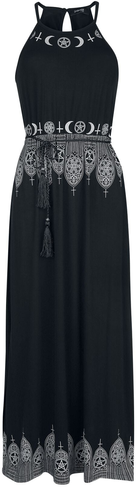 Robe longue Gothic de Gothicana by EMP - Robe Longue Noire Avec Imprimé & Ceinture Fine - S à 5XL - pour Femme - noir - Gothicana by EMP