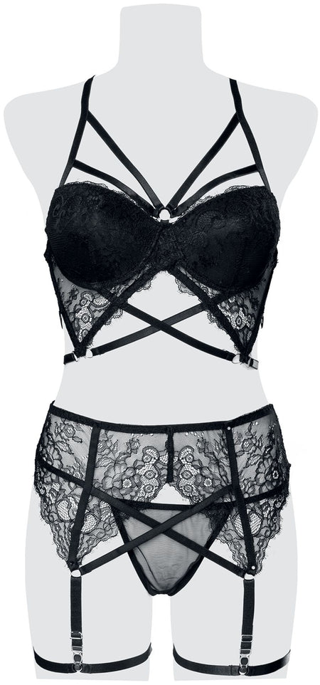 Sous-vêtement Gothic de Grey Velvet - Ensemble 3 Pièces Dentelle Soutien-Gorge Harnais - S à XL - pour Femme - noir - Grey Velvet
