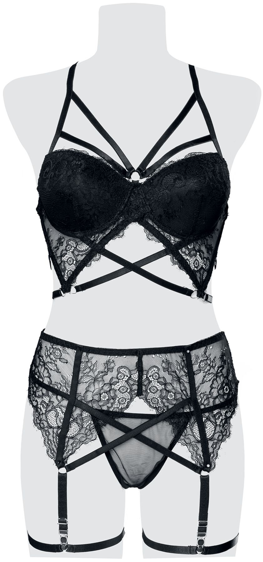 Sous-vêtement Gothic de Grey Velvet - Ensemble 3 Pièces Dentelle Soutien-Gorge Harnais - S à XL - pour Femme - noir - Grey Velvet