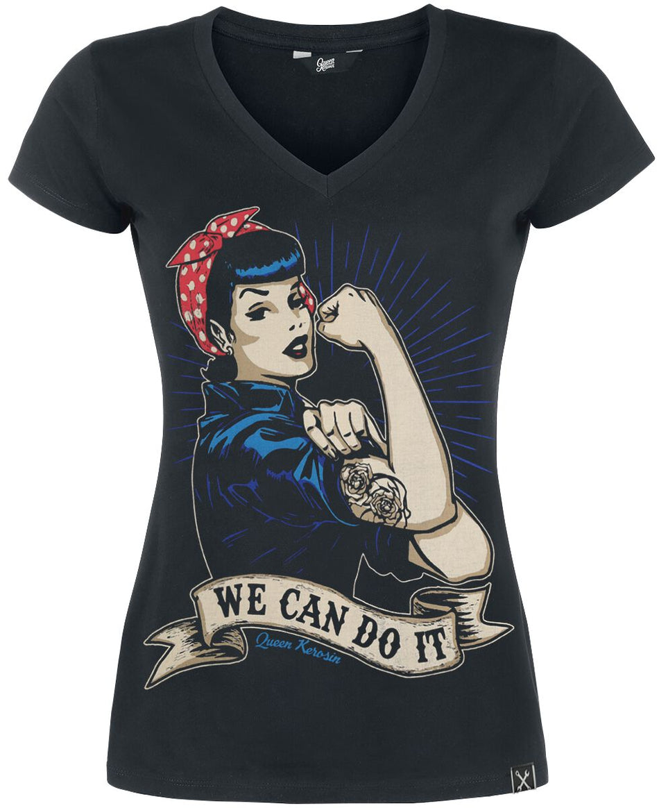 T-Shirt Manches courtes Rockabilly de Queen Kerosin - We Can Do It - S à 3XL - pour Femme - noir - Queen Kerosin