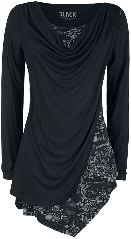 T-shirt manches longues  de Black Premium by EMP - Haut Manches Longues Noir Avec Col Cascade & Imprimé - XS à 5XL - pour Femme - noir - Black Premium by EMP